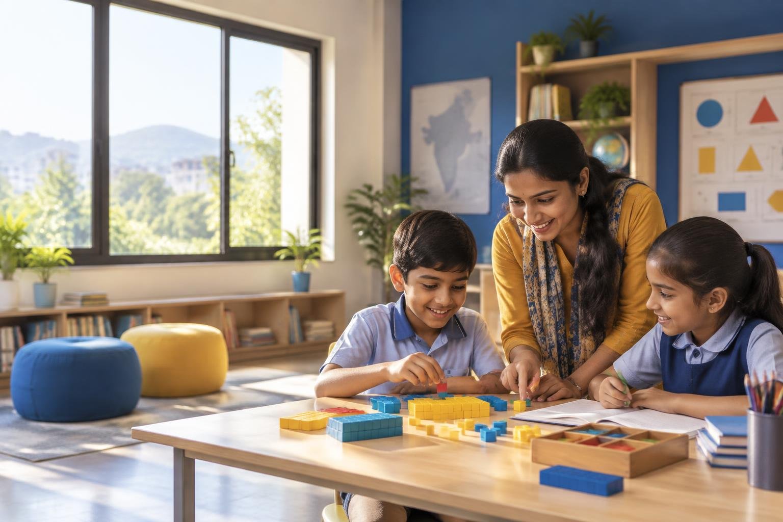 Teacher supporting children as they learn mathematics